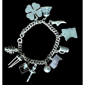 Sterling Silver Charm Bracelet W/ Pinecone Mug Clover & State Charms VTG 6.25” L